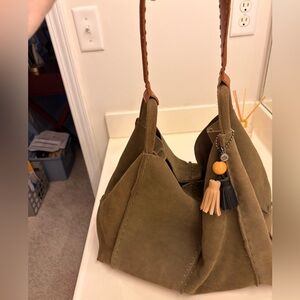 The Sak- Olive Green Tote Bag with Tan Accents
